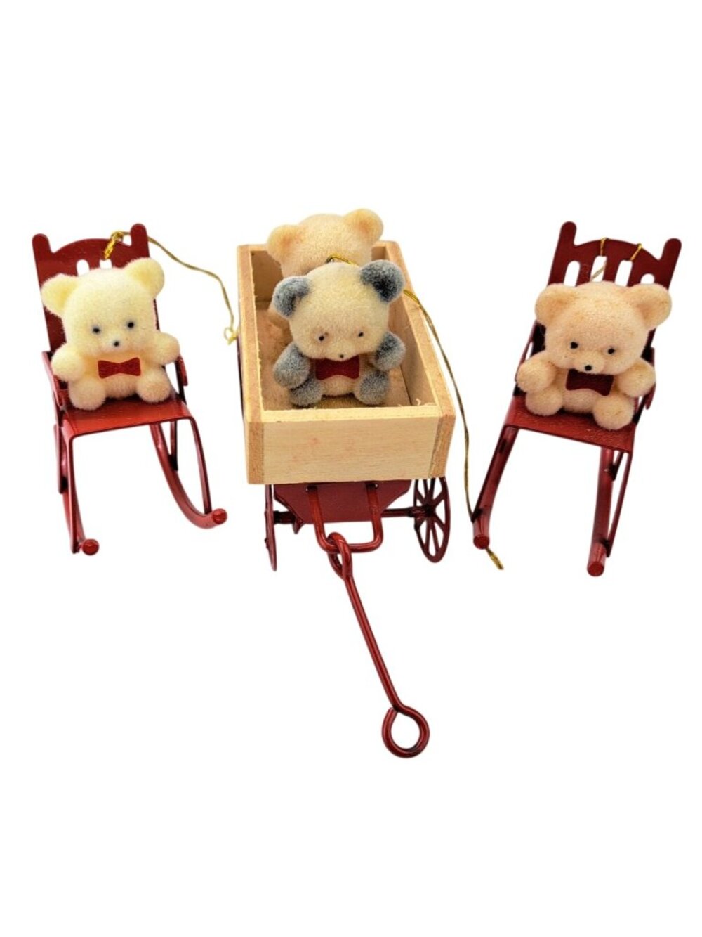 Vintage Avon Mini Christmas Bears Flocked Ornament Rocking Chair Wagon Set Of 3